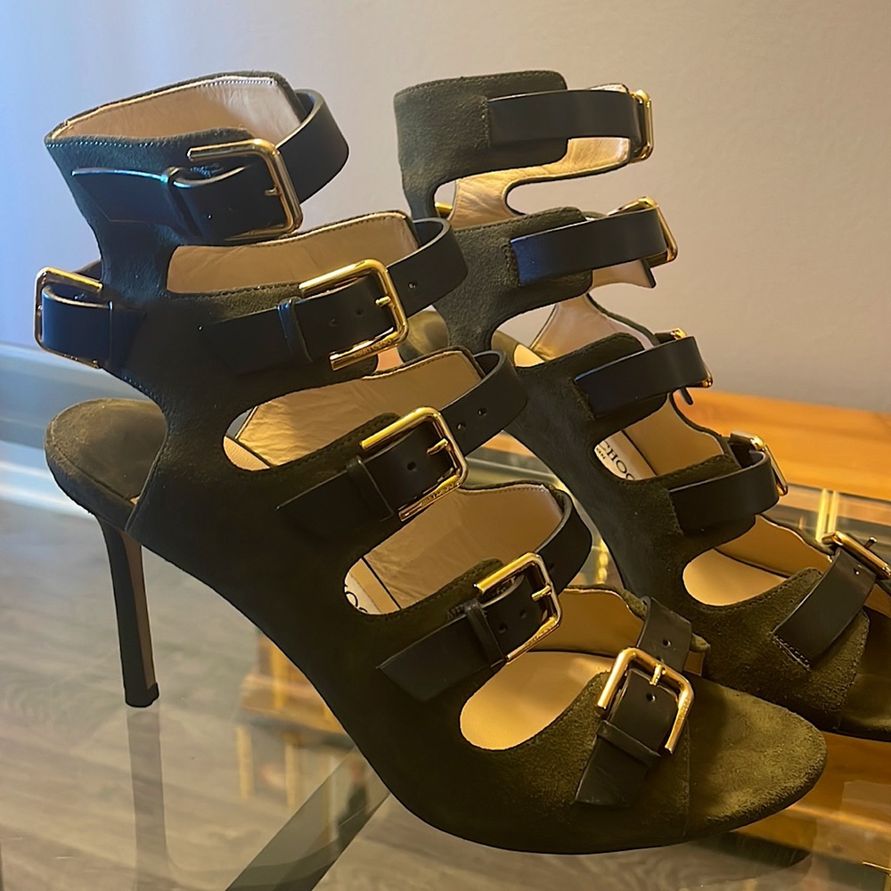 JIMMY CHOO BUCKLE SANDALS OLIVE GREEN/BLACK  LEATHER/SUEDE OPEN TOE HIGH HEEL